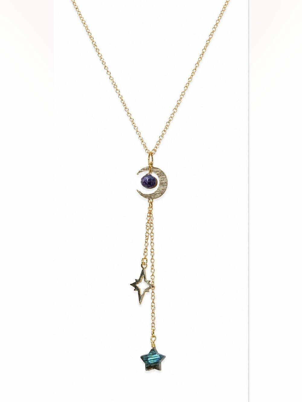 Handmade Gold Moon & Star Pendant - Fluorite and Labradorite Moon Necklace